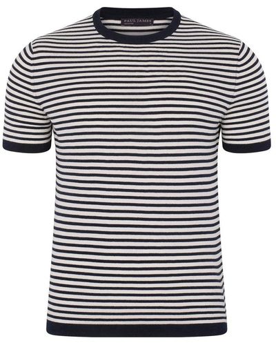 Paul James Knitwear Mens Ultra-fine Cotton Antonio Knitted Narrow Breton Stripe T-shirt - Black