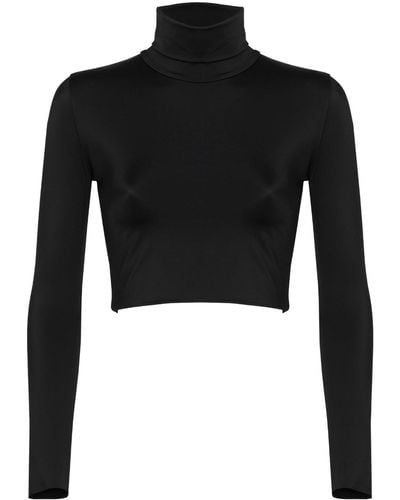 ANTONINIAS Amaze Turtleneck Swimwear Crop Top With Long Sleeves In - Black