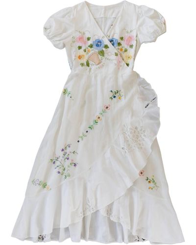 Sugar Cream Vintage Upcycled Vintage Floral Embroidered Wrap Maxi Dress - White