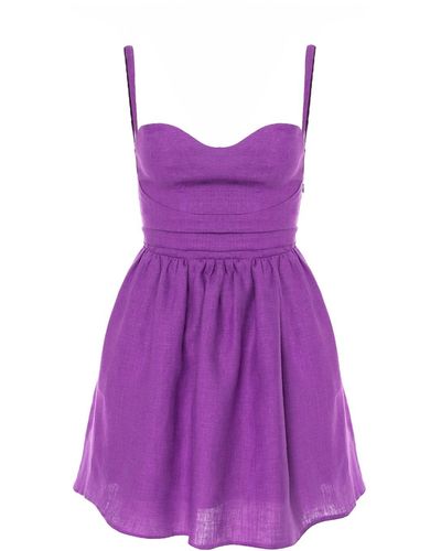AVENUE No.29 Linen Gathered Mini Dress With Straps - Purple