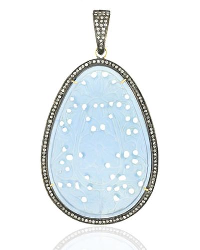 Artisan Carved Agate Gemstone With Pave Diamond In 18k Gold & Silver Oval Cut Pendant - Blue
