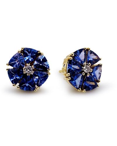 Trésor Tanzanite Tri. & Diamond Stud Earring In 18k Yellw Gold - Blue