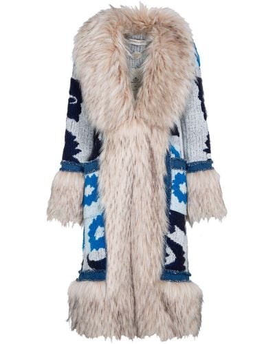 The Extreme Collection Alpaca Merino Wool Long Coat With Vegan Fur Details Figaro - Blue