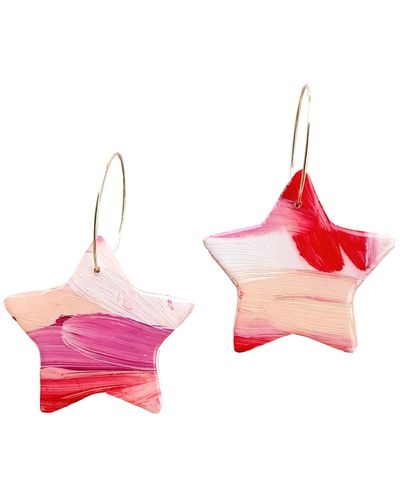 Emily Laura Designs Red, Pink & White Brushstroke Polymer Clay Star Earrings