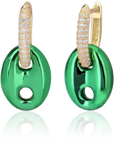Cosanuova Puffy Small Anchor Link Hoop Earrings In Gold Green Enamel