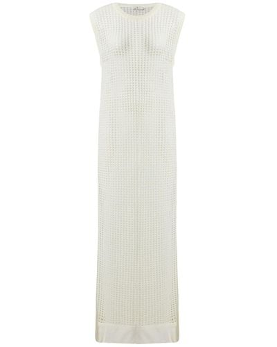 Peraluna Pearl O-neck Eyelet Knit Maxi Dress In Ecru - White