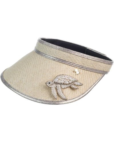 Laines London Straw Woven Visor With Beaded Turtle Brooch - White