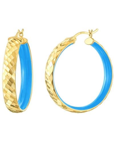 Gold & Honey Hammered Hoop Earrings In Turquoise Enamel - Blue