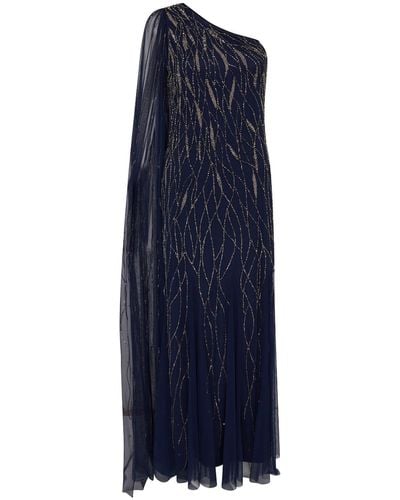 Raishma Navy Mila Cut As One Shoulder With A Dramatic To-the-floor Draped Train, Falling From The Shoulder Gown - Blue