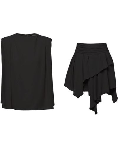 BLUZAT Matching Set With Draped Top And Asymmetrical Skirt - Black