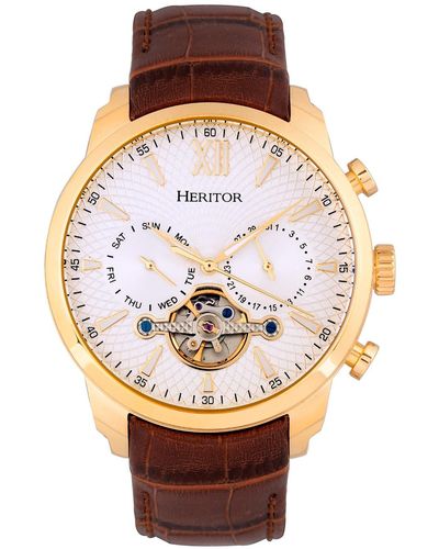 Heritor Arthur Semi-skeleton Leather-band Watch With Day And Date - Pink
