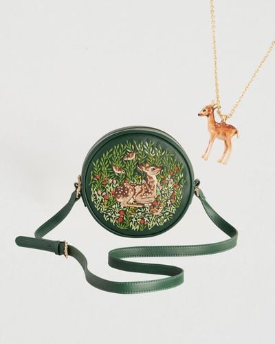 Fable England Chloe Fawn Embroidered Circle Bag & Fawn Necklace - Green