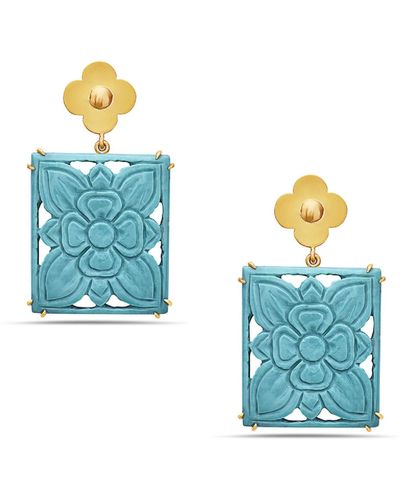 Artisan Carved Turquoise Gemstone In 18k Yellow Gold Designer Dangle Earrings - Blue