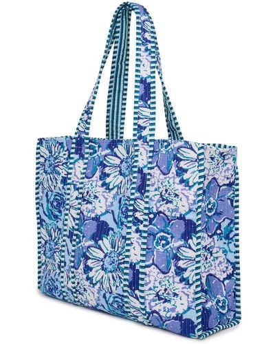 At Last Cotton Tote Bag In Seas & White Floral - Blue