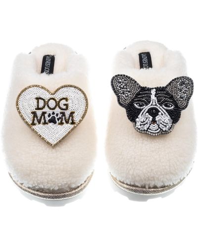 Laines London Teddy Closed Toe Slippers With Coco The Frenchie & Dog Mum / Mom Brooches - Metallic