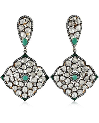 Artisan Natural Rose Cut Polki Diamond & Emerald In 18k Gold With Sterling Silver Victorian Earrings - Multicolor