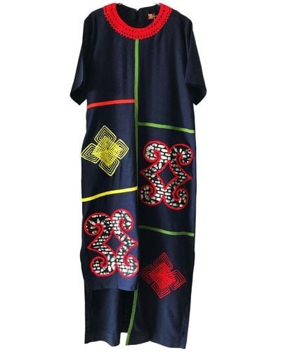 Xclamations UK Moremi- Midi Length Linen Dress With Embroidery & Batik Detail - Blue