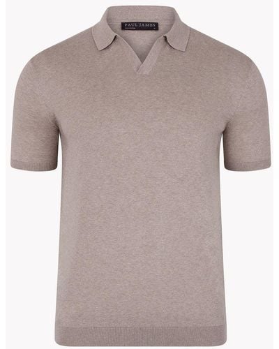 Paul James Knitwear Neutrals Ultra Fine Cotton Nathan Buttonless Polo Shirt - Gray