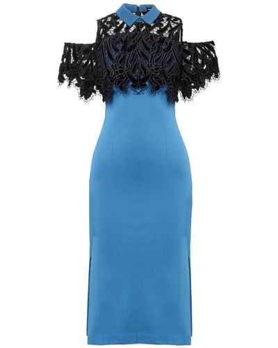 Smart and Joy Lace On Top Cold Shoulders Fitted Dress - Blue