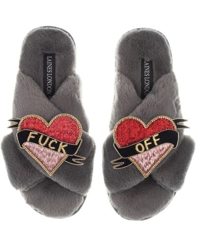 Laines London Classic Laines Slippers With Fuck Off Brooches - Grey