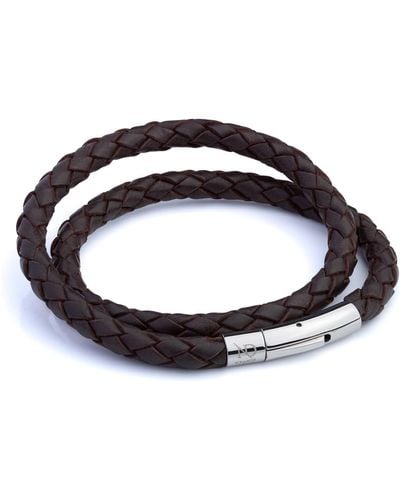 N'damus London Leather Double Plaited Bracelet With Silver Clasp - Brown