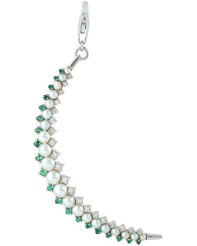 Artisan Crescent Moon Diamond 18k Gold Natural Pearl & Emerald Pendant - Multicolor