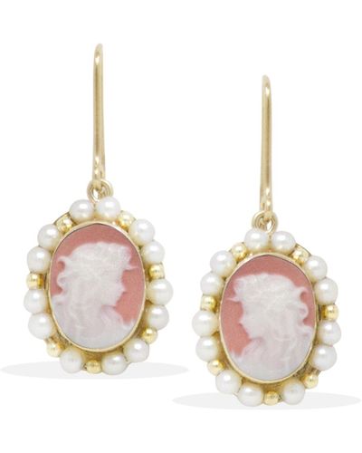 Vintouch Italy Cecilia Solid Gold Pink Cameo And Pearl Earrings - Metallic