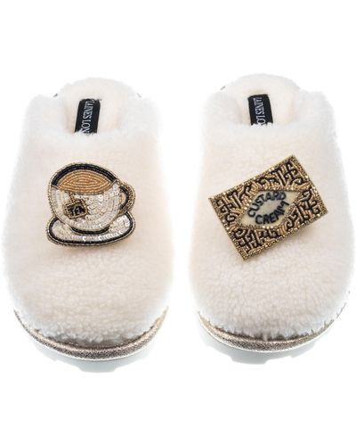 Laines London Teddy Closed Toe Slippers With Tea & Biscuit Brooches - Metallic