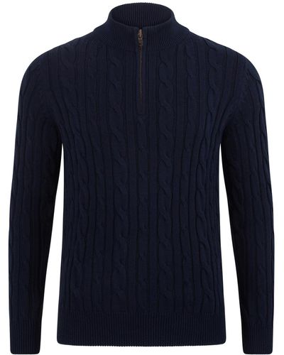 Paul James Knitwear S Midweight Romano Cotton Cable Zip Neck Jumper - Blue