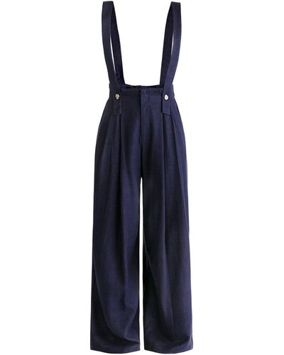 Paisie Linen Blend Detachable Suspender Trousers In Navy - Blue