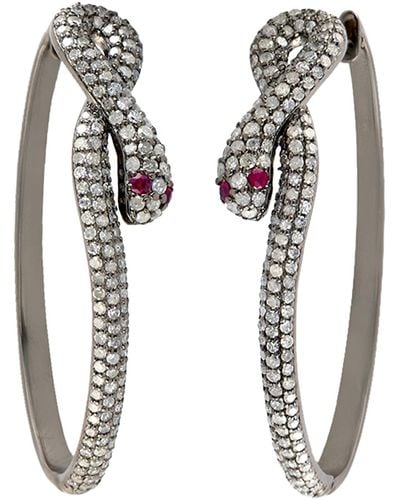 Artisan Natural Pave Diamond With Ruby In 18k White Gold & Sterling Silver Snake Hoop Earrings - Black
