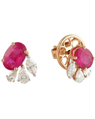 Artisan 18k Rose Gold In Ruby Gemstone & Genuine Diamond Stud Earrings - Pink