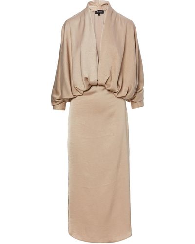 BLUZAT Beige Draped Dress With Flared Sleeves - Natural