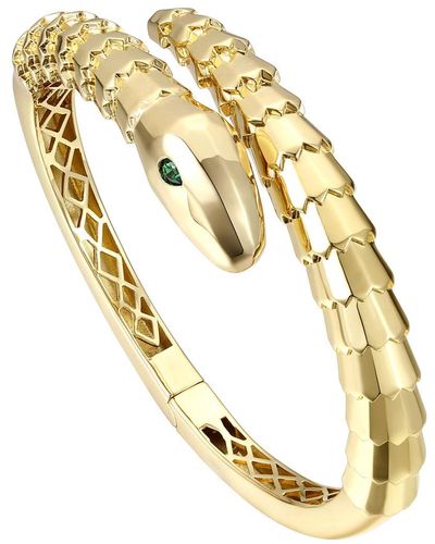 Genevive Jewelry Rachel Glauber Gold Plated With Emerald Cubic Zirconia Textured Coiled Serpent Bypass Bangle Bracelet - Metallic