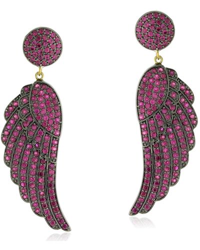 Artisan Solid 14k Gold & Silver In Pave Ruby Gemstone Angel Wing Shape Dangle Earrings - Purple