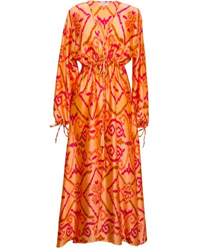 [et cetera] WOMAN Enchanted Deep V Front Long Sleeve Midi Dress - Orange