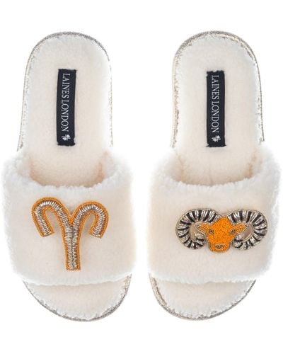 Laines London Teddy Towelling Slipper Sliders With Aries Zodiac Brooches - White