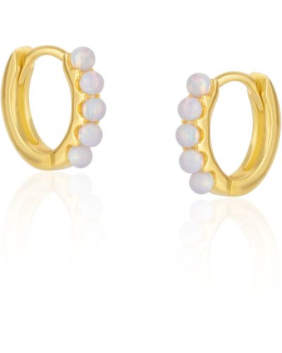 Spero London Beaded White Opal huggie Hoop Earrings - Metallic