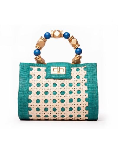 Soli & Sun The Mila Teal , Blue & Gold Rattan Woven Handbag