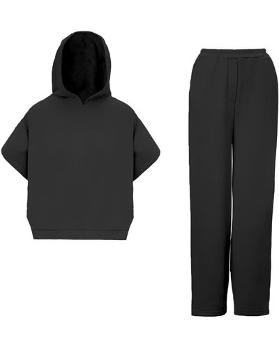 BLUZAT Matching Set With Vest Hoodie And Wide Leg Pants With Side Slit - Black