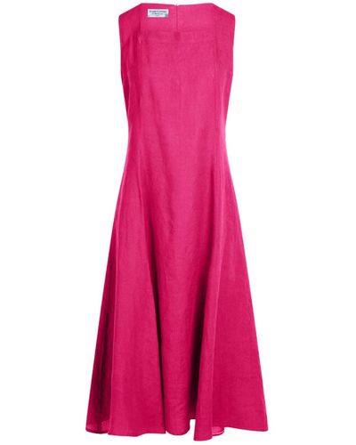 Haris Cotton Square Neckline Flared Linen Midi Dress- Fuchsia - Pink
