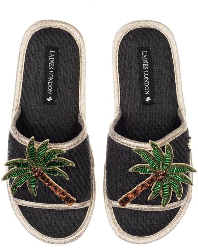 Laines London Straw Braided Sandals With Handmade Double Palm Tree Brooches - Green