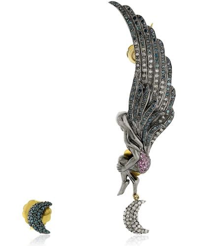 Artisan Multi Sapphire & Diamond In 18k Gold Silver Mermaid Angel Wing Crescent Moon Cuff Earrings - Multicolour