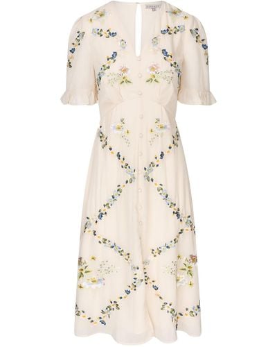 Hope & Ivy The Astrid Embroidered Button Front Midi Dress With Frill Sleeve - Natural