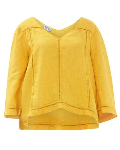 Haris Cotton Guipure Lace Insert Linen Blouse With V Neck - Yellow
