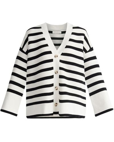 Paisie Striped Ribbed Cardigan In White & Black - Blue