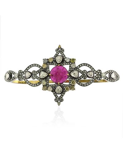 Artisan 18k Gold & 925 Silver With Carved Ruby And Uncut Diamond Classic Palm Bracelet - Green