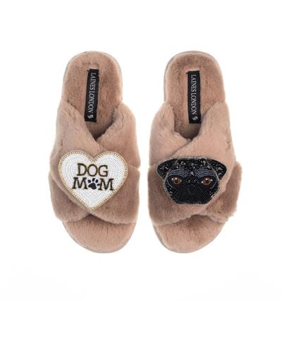 Laines London Classic Laines Slippers With Snoopy Pug & Dog Mum / Mom Brooches - Brown