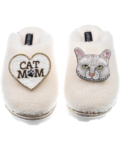 Laines London Teddy Closed Toe Slippers With Lily The Cat & Cat Mum / Mom Brooches - Metallic