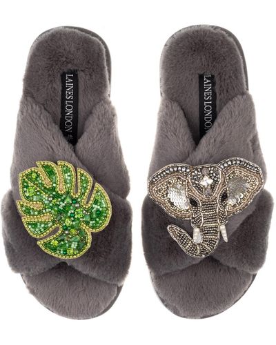 Laines London Classic Laines Slippers With Palm Leaf & Silver Elephant Brooches - Gray